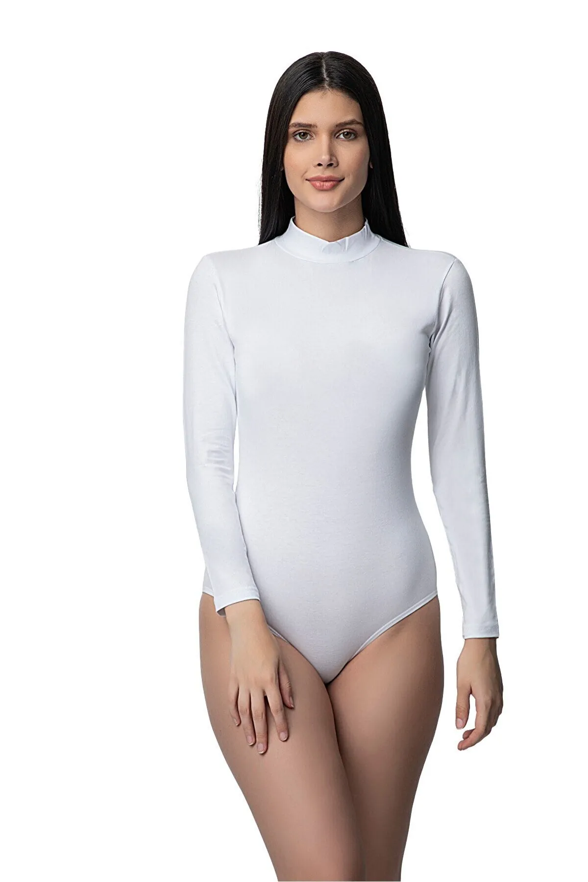 Lirona Pamuklu Dik Yaka Uzun Kollu Çıtçıtlı Body - Beyaz