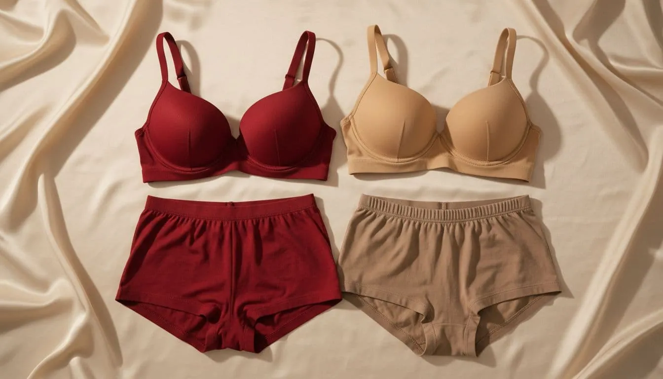 Flat lay assortment of five pieces of women's lingerie in bold cherry red (kiraz kırmızısı) and beige colors, featuring supportive bras, minimal designs, and boxer shorts on a soft fabric surface. Top-down photorealistic composition with warm studio lighting and high-detail fabric focus, no people, text, logos, or watermarks.