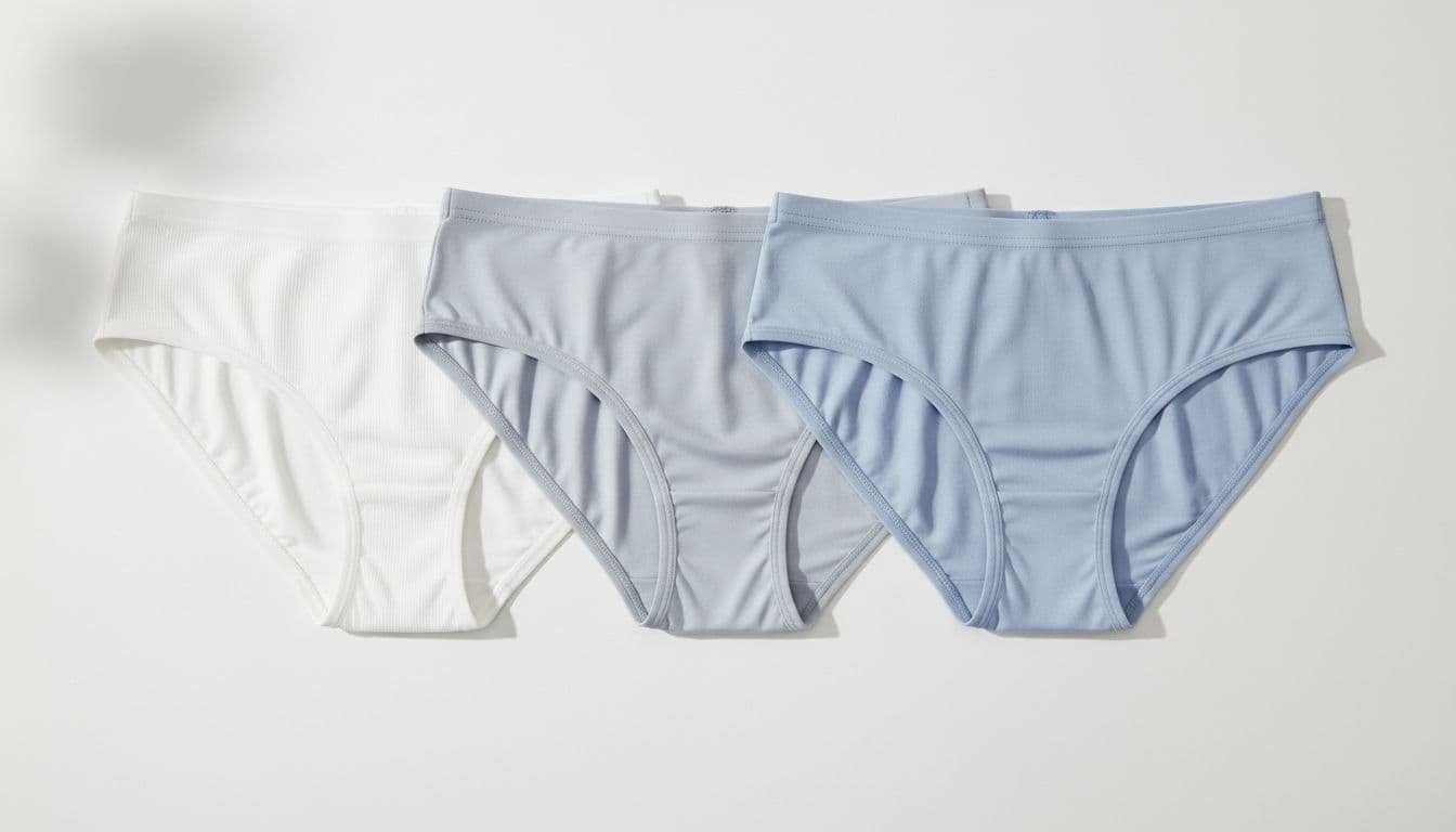 Three pairs of summer women's underwear made from cotton, modal, and microfiber fabrics, displayed side by side on a plain white background with natural daylight lighting, realistic product photo style emphasizing high-detail fabric textures.