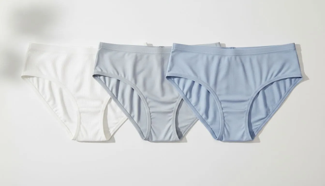 Three pairs of summer women's underwear made from cotton, modal, and microfiber fabrics, displayed side by side on a plain white background with natural daylight lighting, realistic product photo style emphasizing high-detail fabric textures.
