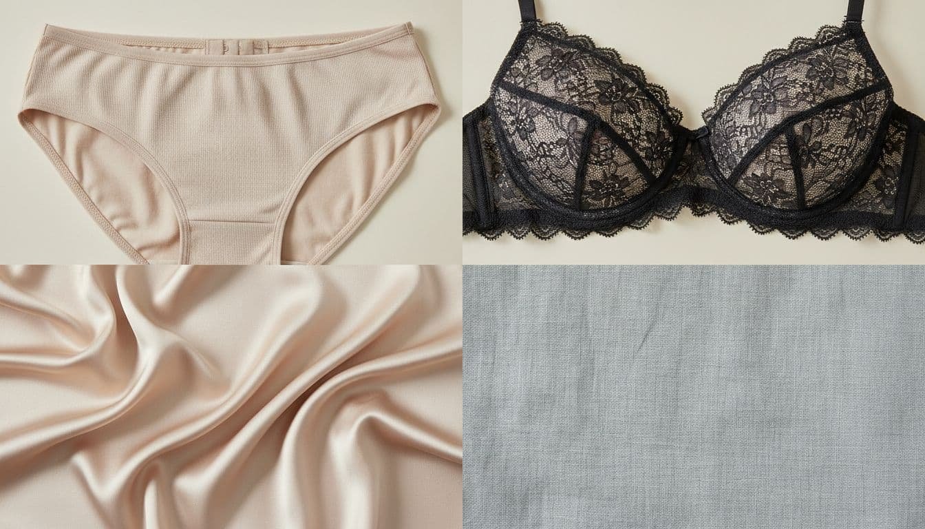 Close-up grid of lingerie fabrics including soft cotton panties, lace-trimmed bras, and silk nightgown swatches on a neutral background, highlighting natural textures with bright studio lighting in product photography style.