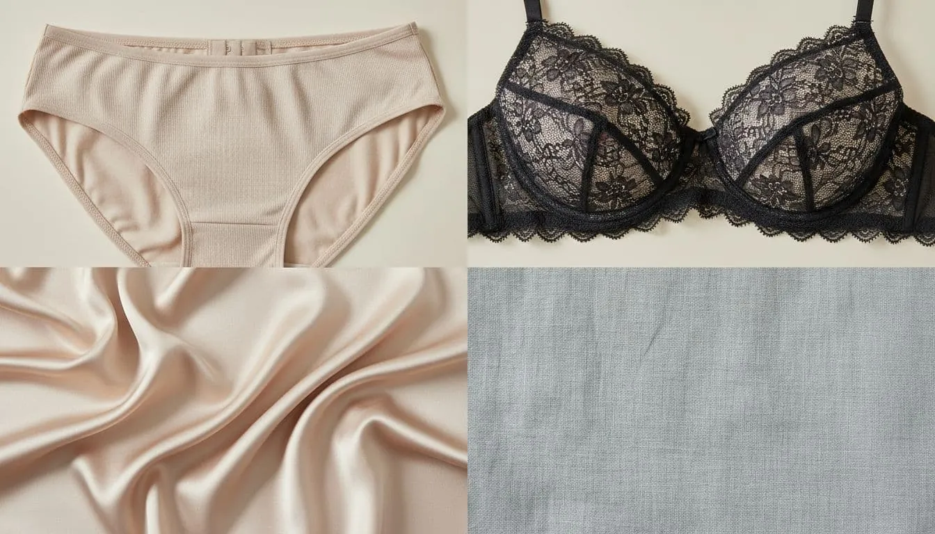 Close-up grid of lingerie fabrics including soft cotton panties, lace-trimmed bras, and silk nightgown swatches on a neutral background, highlighting natural textures with bright studio lighting in product photography style.