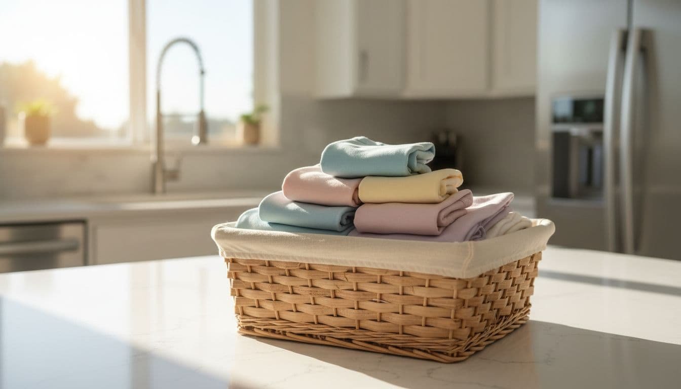 Clean and folded colorful cotton underwear neatly stacked in a laundry basket on a bright modern kitchen counter with warm natural lighting, realistic photo style.