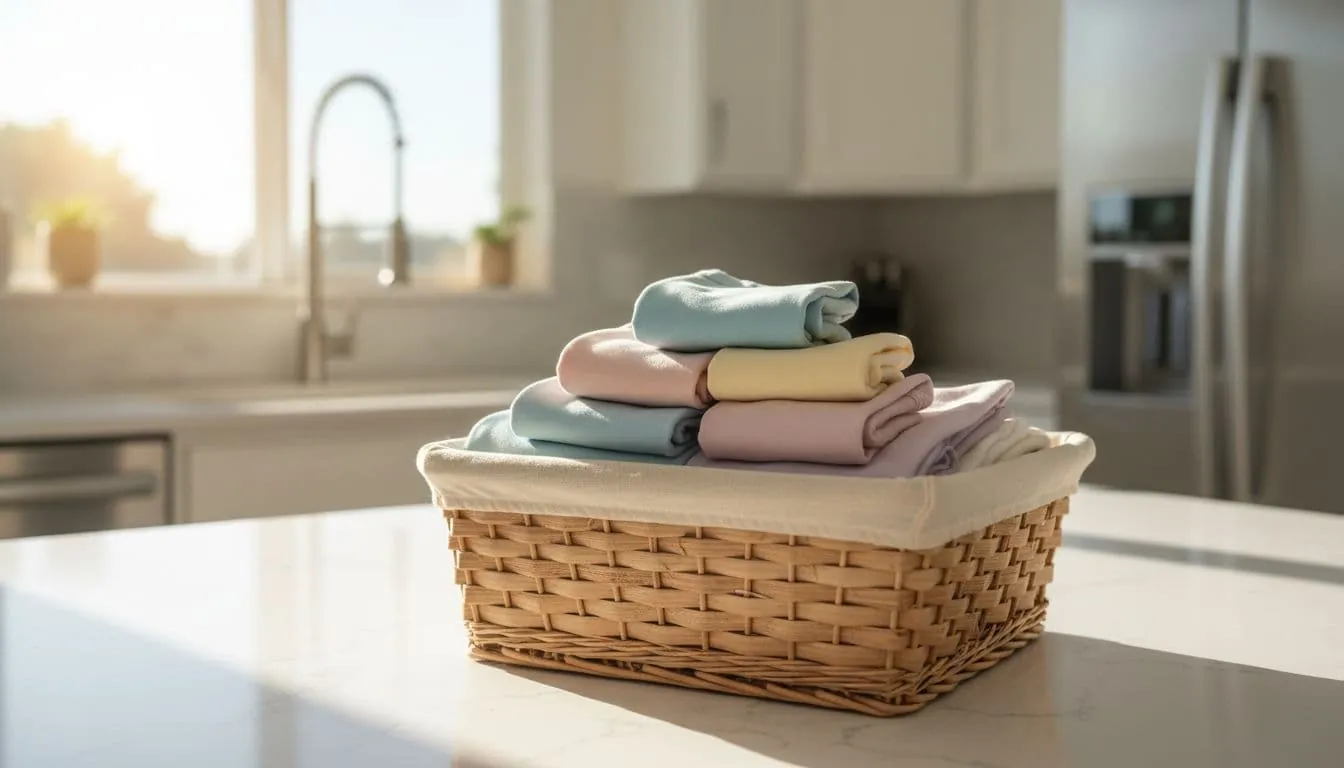 Clean and folded colorful cotton underwear neatly stacked in a laundry basket on a bright modern kitchen counter with warm natural lighting, realistic photo style.