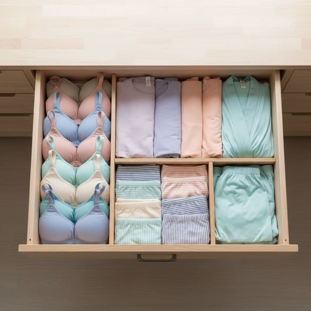 Top view of an open wooden bedroom drawer neatly organized with folded cotton bras, rows of matching panties, and stacked sleepwear sets in pastel colors.