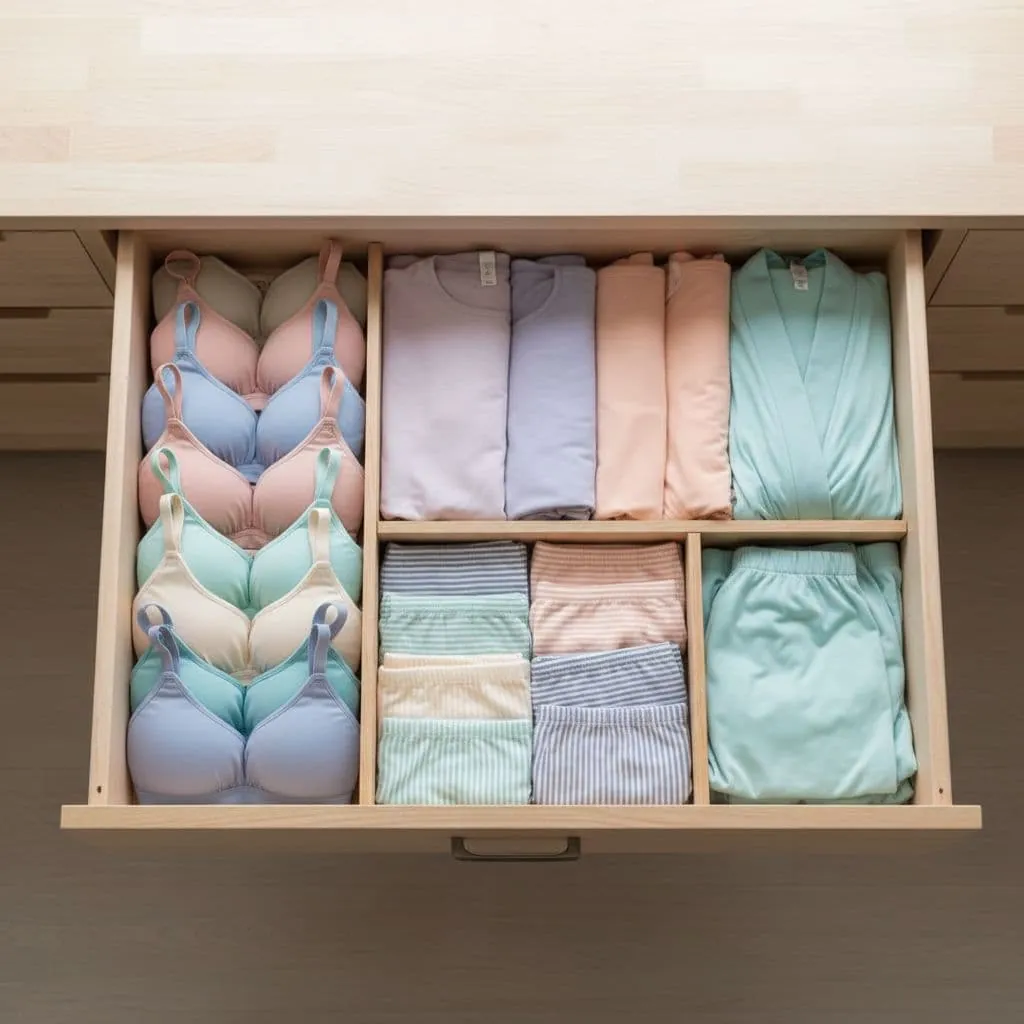 Top view of an open wooden bedroom drawer neatly organized with folded cotton bras, rows of matching panties, and stacked sleepwear sets in pastel colors.