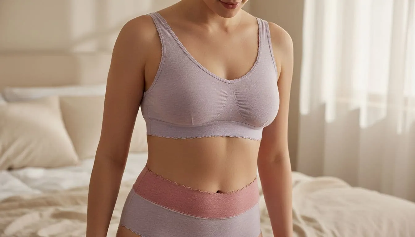 A single woman models a comfortable pastel-colored lingerie set featuring a bralette and high-waist panties in soft lavender and powder pink tones, captured in a close-up on a neutral bedroom background with natural light and soft lighting emphasizing fabric texture.