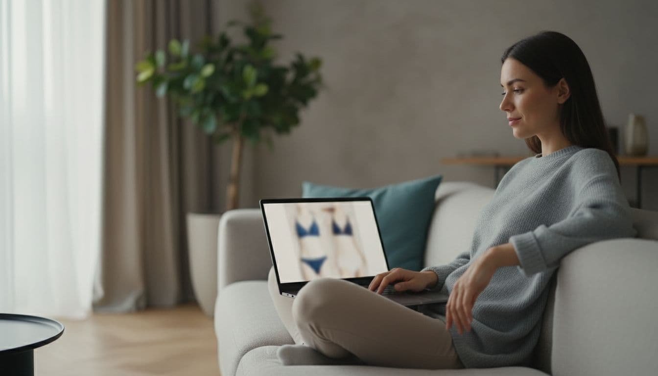 A single woman sits comfortably on a couch in a modern home, browsing women's lingerie online with an open laptop in front, screen slightly blurred, natural daylight, realistic photo style.