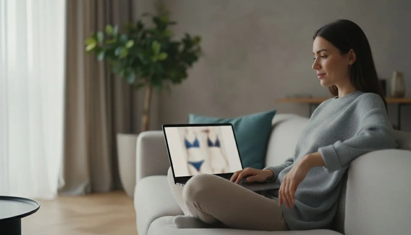 A single woman sits comfortably on a couch in a modern home, browsing women's lingerie online with an open laptop in front, screen slightly blurred, natural daylight, realistic photo style.