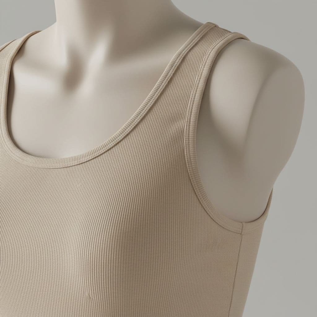 Close-up of ribbed fabric tank top focusing on shoulder and chest area, highlighting flexible texture with soft lighting on neutral background.