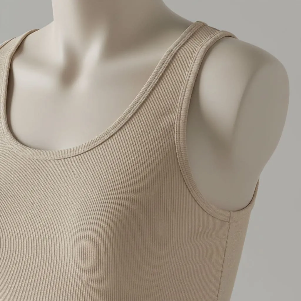 Close-up of ribbed fabric tank top focusing on shoulder and chest area, highlighting flexible texture with soft lighting on neutral background.