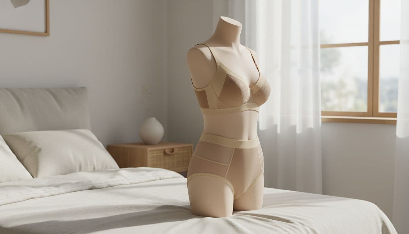 Seamless and high-waist women's lingerie pieces, including bralette with transparent details and supportive bra, displayed on a mannequin in neutral tones within a minimalist bedroom setting.
