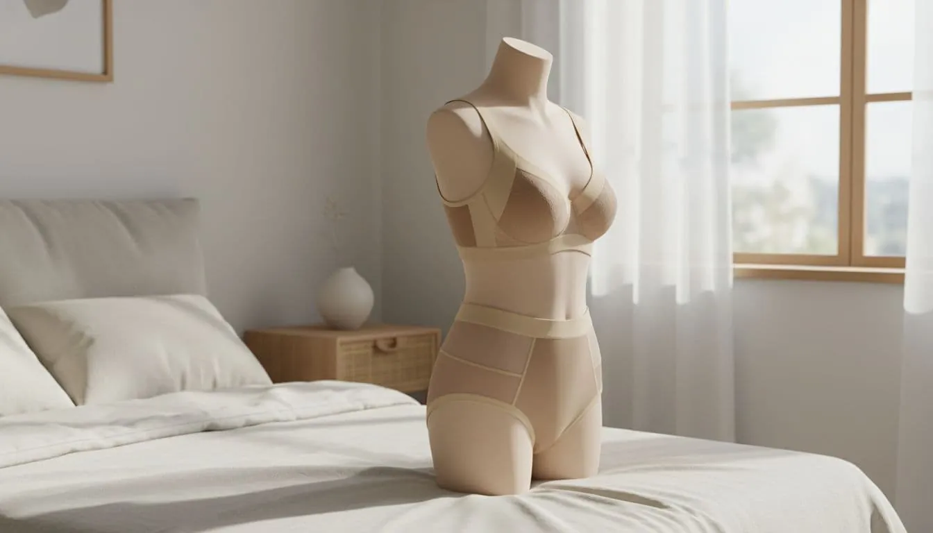 Seamless and high-waist women's lingerie pieces, including bralette with transparent details and supportive bra, displayed on a mannequin in neutral tones within a minimalist bedroom setting.