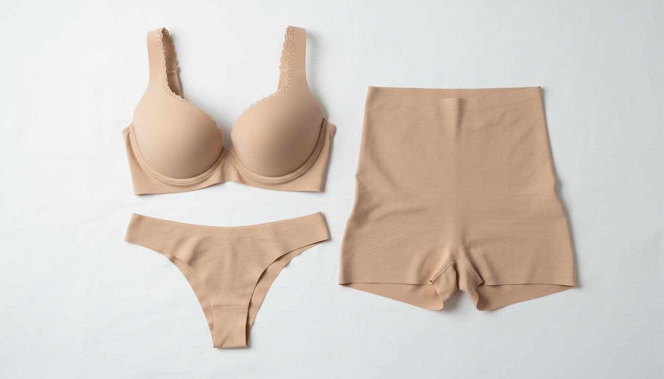 Flat lay composition of seamless laser-cut nude bra, panties, and shapewear on white fabric background, high detail on edges and texture, soft even lighting, product photography style, clean and minimal.