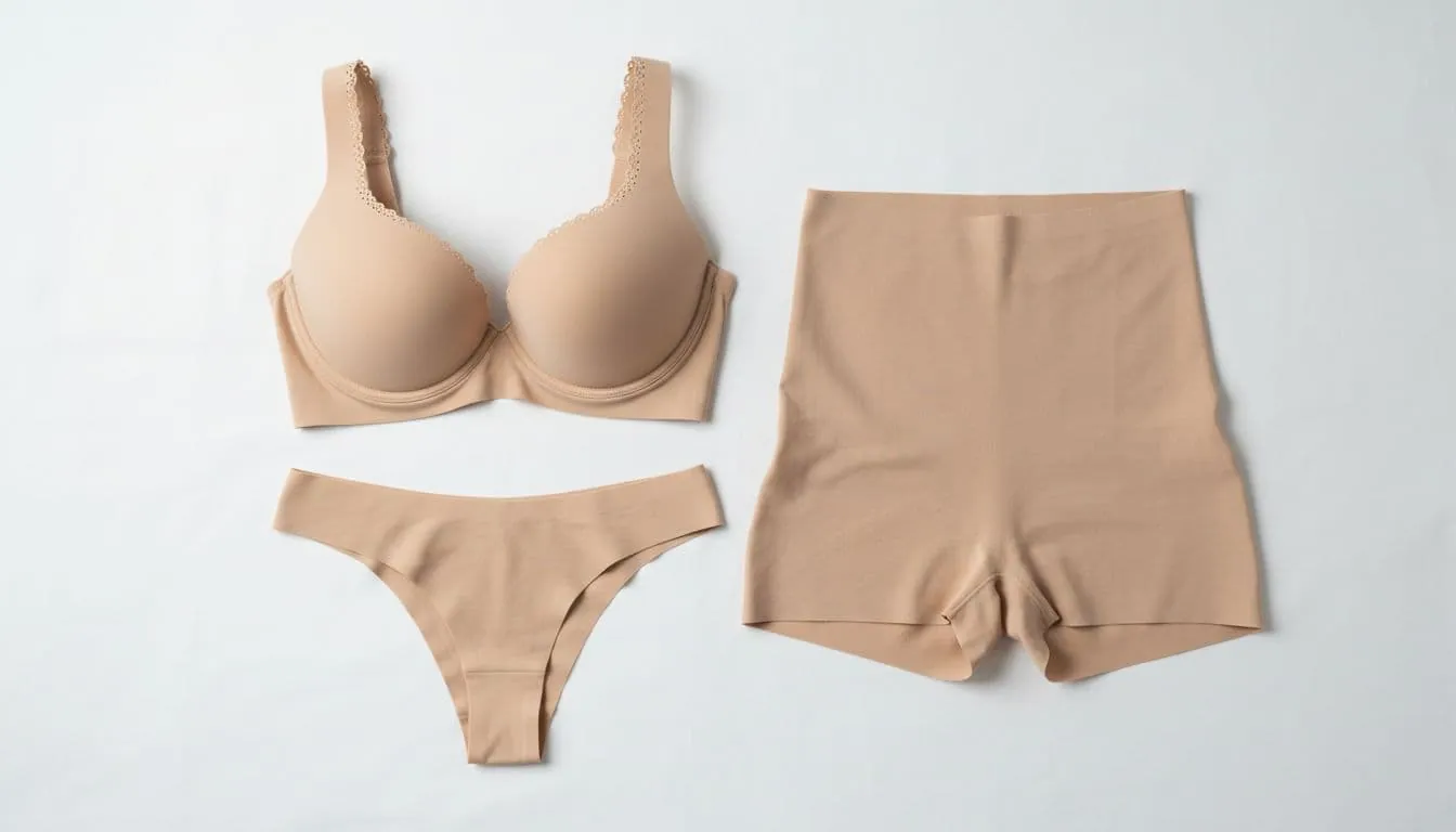 Flat lay composition of seamless laser-cut nude bra, panties, and shapewear on white fabric background, high detail on edges and texture, soft even lighting, product photography style, clean and minimal.