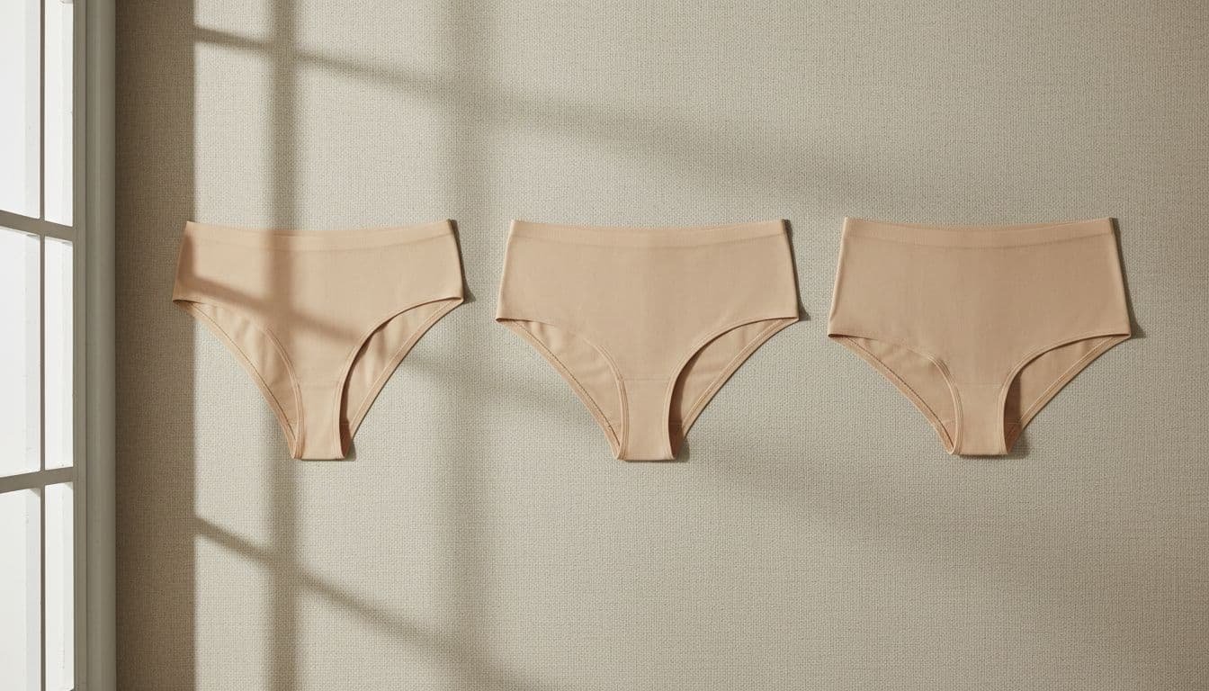 Three different models of seamless summer women's panties arranged side by side on a beige background, captured in soft natural lighting with a realistic product photo emphasizing the smooth fabric texture, no text, logos, people, or visible seams.