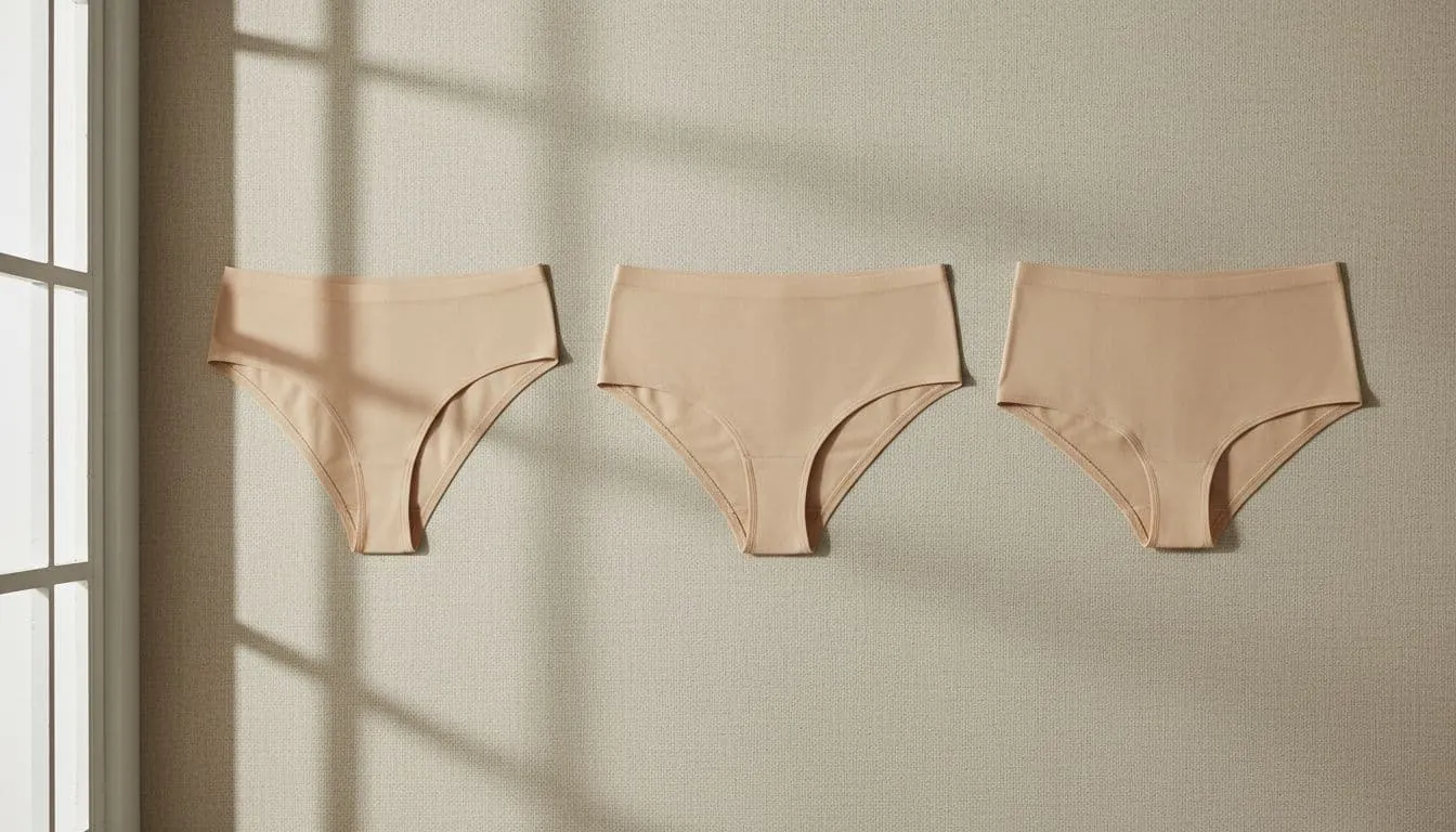Three different models of seamless summer women's panties arranged side by side on a beige background, captured in soft natural lighting with a realistic product photo emphasizing the smooth fabric texture, no text, logos, people, or visible seams.