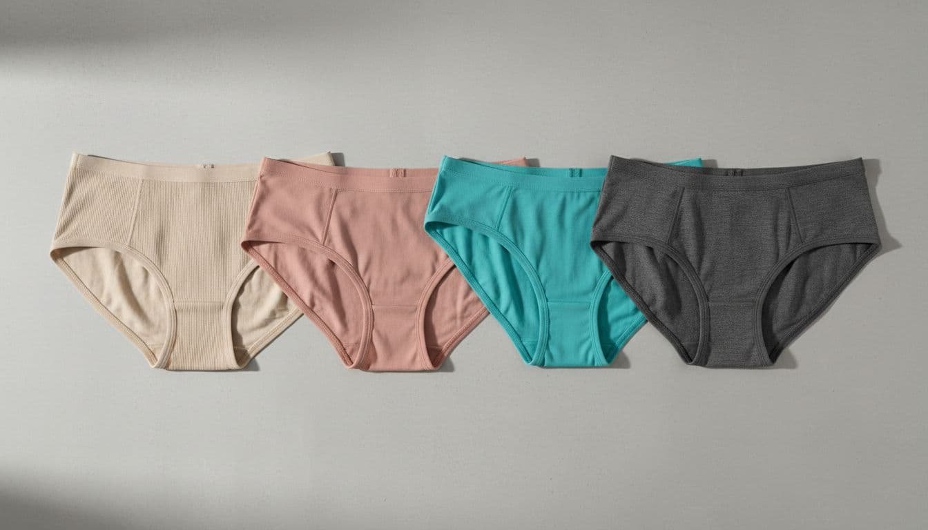 Four pairs of summer women's panties in slip, hipster, bikini, and boy short cuts displayed side by side on a neutral gray background with soft natural light and realistic product photo style.