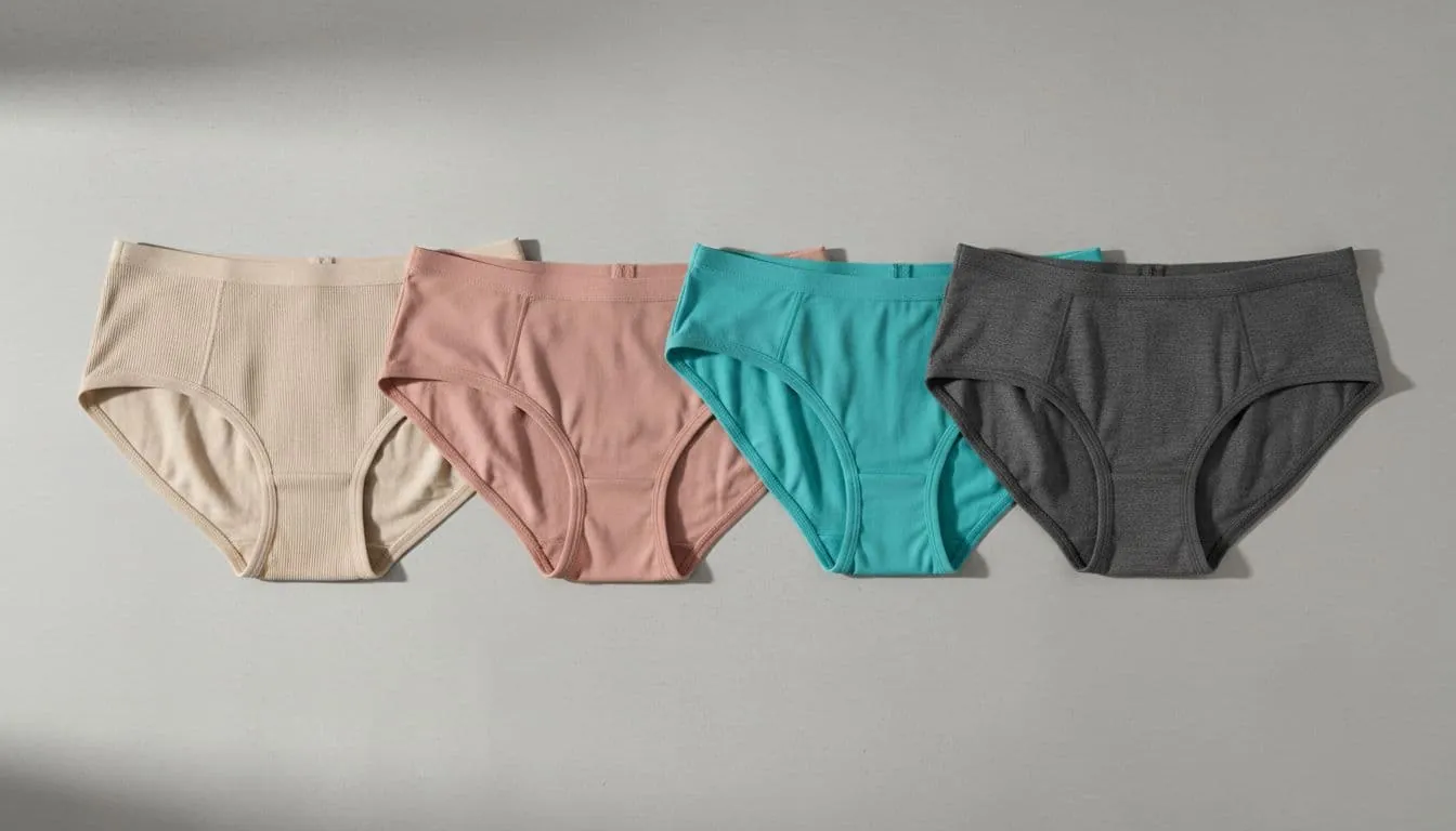 Four pairs of summer women's panties in slip, hipster, bikini, and boy short cuts displayed side by side on a neutral gray background with soft natural light and realistic product photo style.