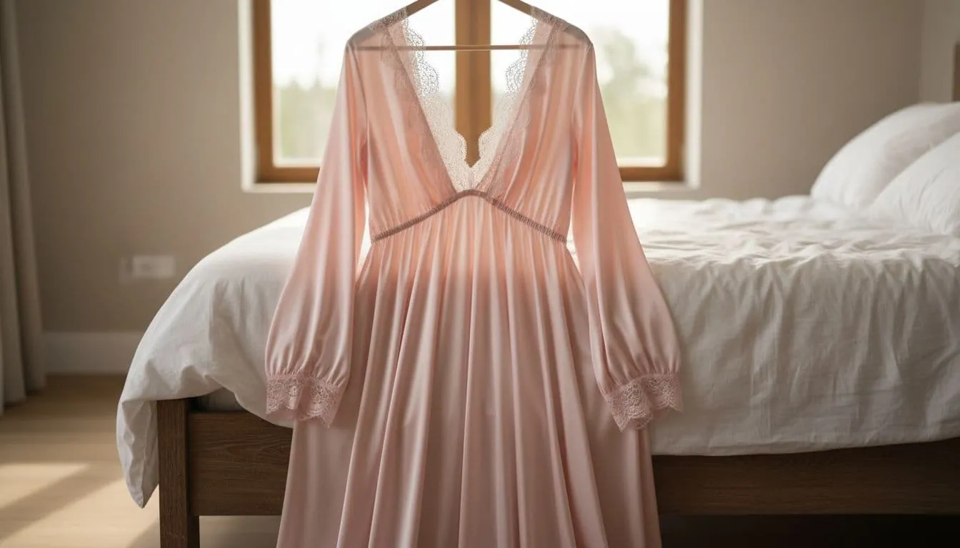 Elegant silk bridal nightgown in soft pink tones with light lace details, displayed on bed edge in natural light, single item focus, clean background.