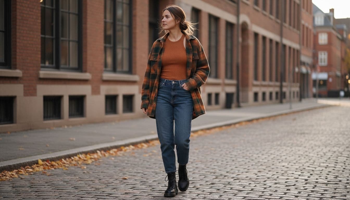 A woman walks on an autumn street in a layered outfit with a ribbed tank top slightly visible under a shirt, captured in natural daylight with realistic style. Focuses on perfect harmony in layered clothing, exactly one person, no text or logos.