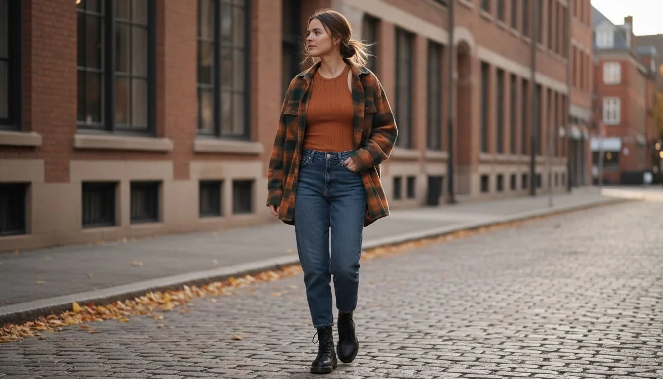 A woman walks on an autumn street in a layered outfit with a ribbed tank top slightly visible under a shirt, captured in natural daylight with realistic style. Focuses on perfect harmony in layered clothing, exactly one person, no text or logos.
