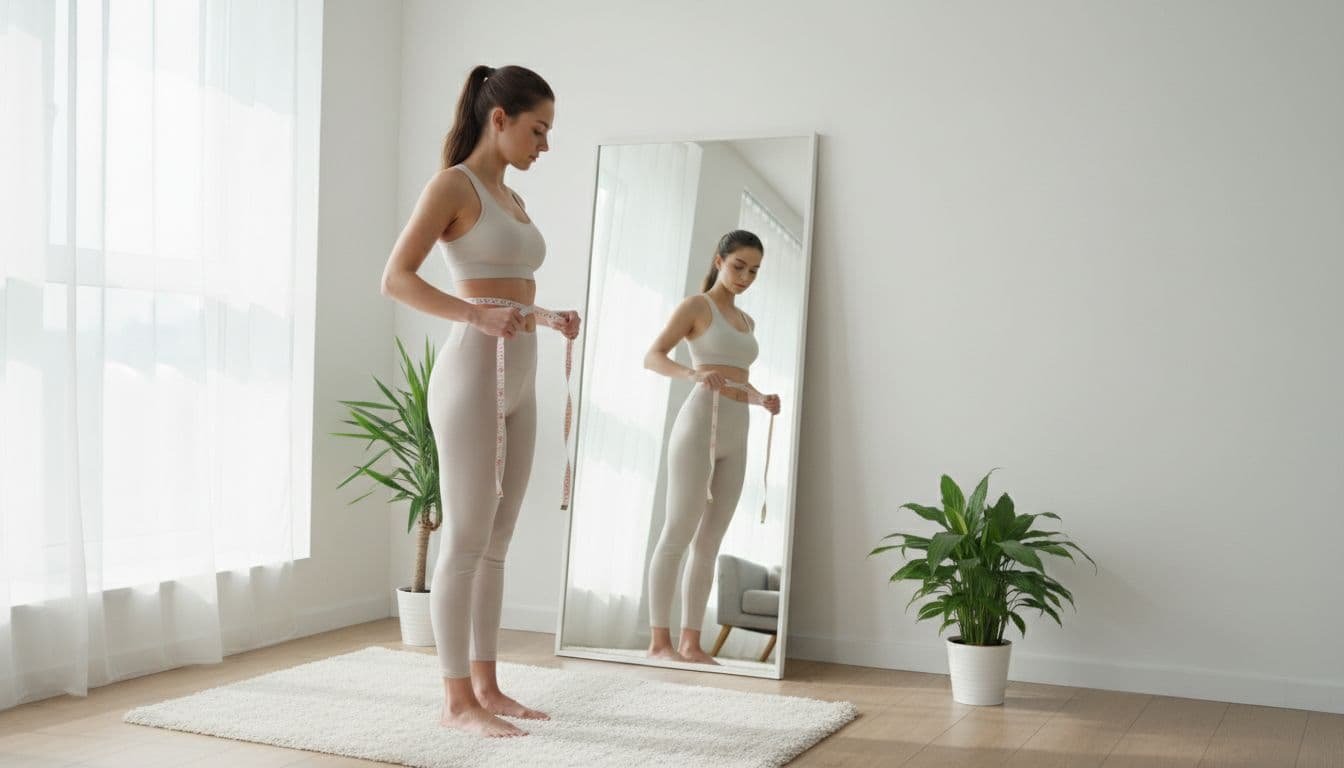 A single woman stands in front of a mirror in a relaxed modern home interior, measuring her bust and waist with a measuring tape, full body composition, natural daylight, realistic photo style.