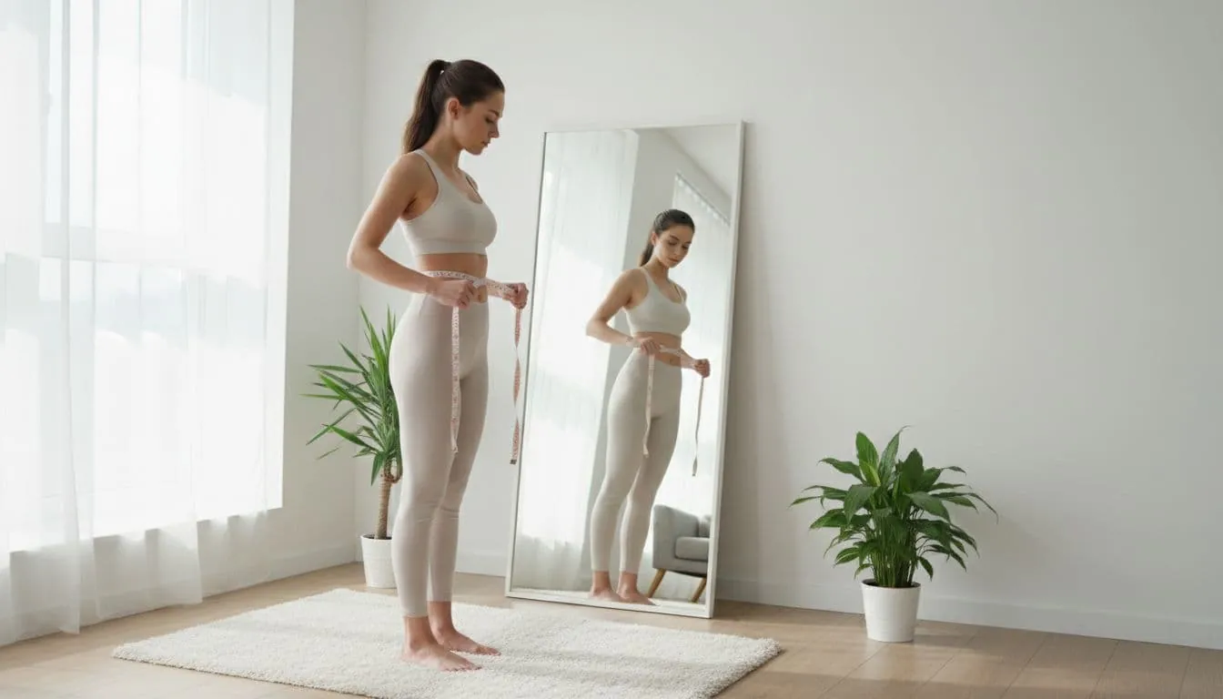 A single woman stands in front of a mirror in a relaxed modern home interior, measuring her bust and waist with a measuring tape, full <a href=