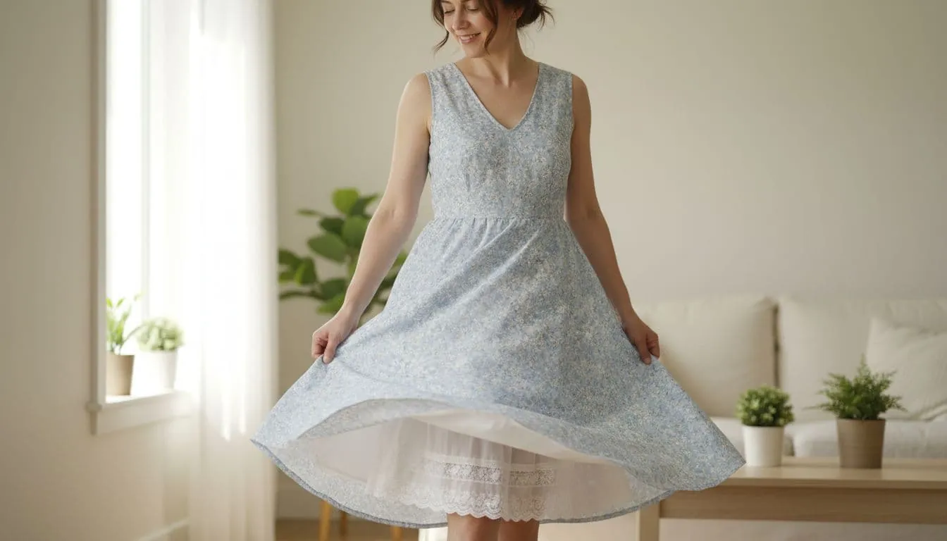 A woman in her 30s stands in a bright living room wearing a white petticoat under a flowing summer dress, captured in realistic photography with soft natural lighting from waist up.