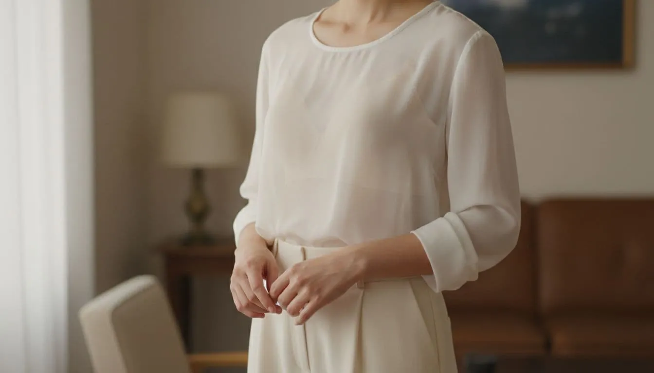 One woman in a sheer white blouse tucked into pants, with nude seamless t-shirt bra blending perfectly with skin tone. Natural side lighting, three-quarter view, realistic style, subtle transparency, soft focus on skin-fabric match.