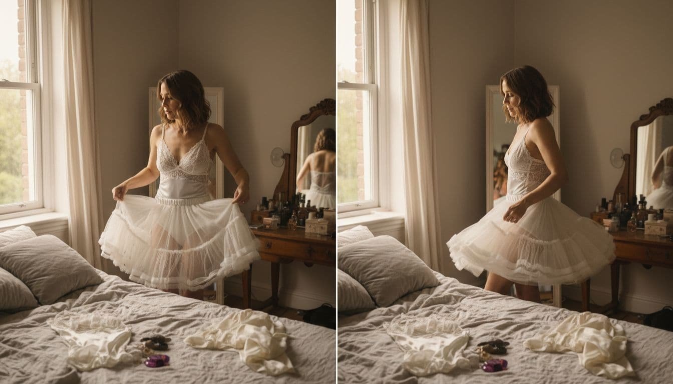 A woman in her 30s tries on a petticoat and bodysuit side by side in a bedroom mirror, with both garments laid out on the bed. Realistic photo in natural home lighting with split composition.