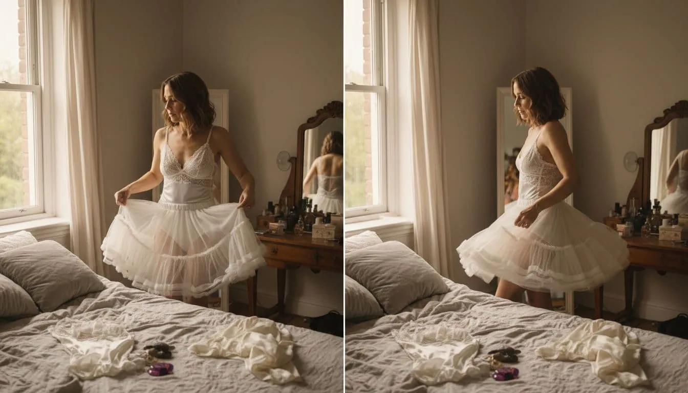 A woman in her 30s tries on a petticoat and bodysuit side by side in a bedroom mirror, with both garments laid out on the bed. Realistic photo in natural home lighting with split composition.
