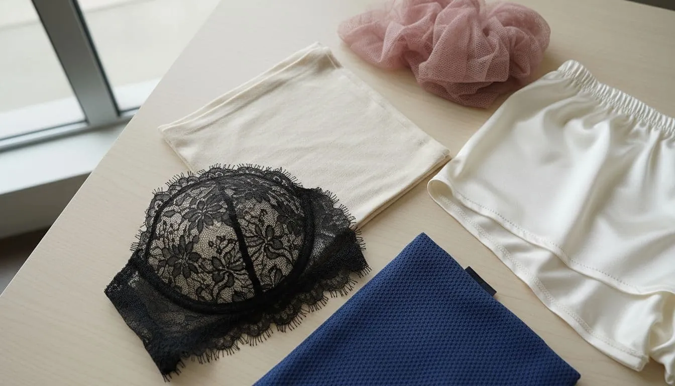 Close-up of women's lingerie fabric samples neatly spread on a table, including soft cotton tank top, elegant lace bra piece, and shiny silk shorts, highlighting diverse textures under natural studio light.