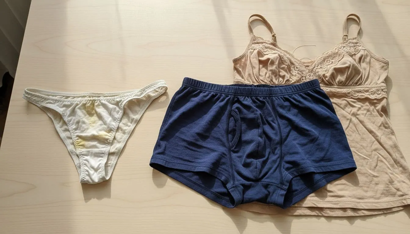 Three pieces of women's and men's underwear made from cotton, lace, and synthetic fabrics are laid out on a clean table, displaying signs of wear like fading and stretching under natural daylight in a realistic photo style.