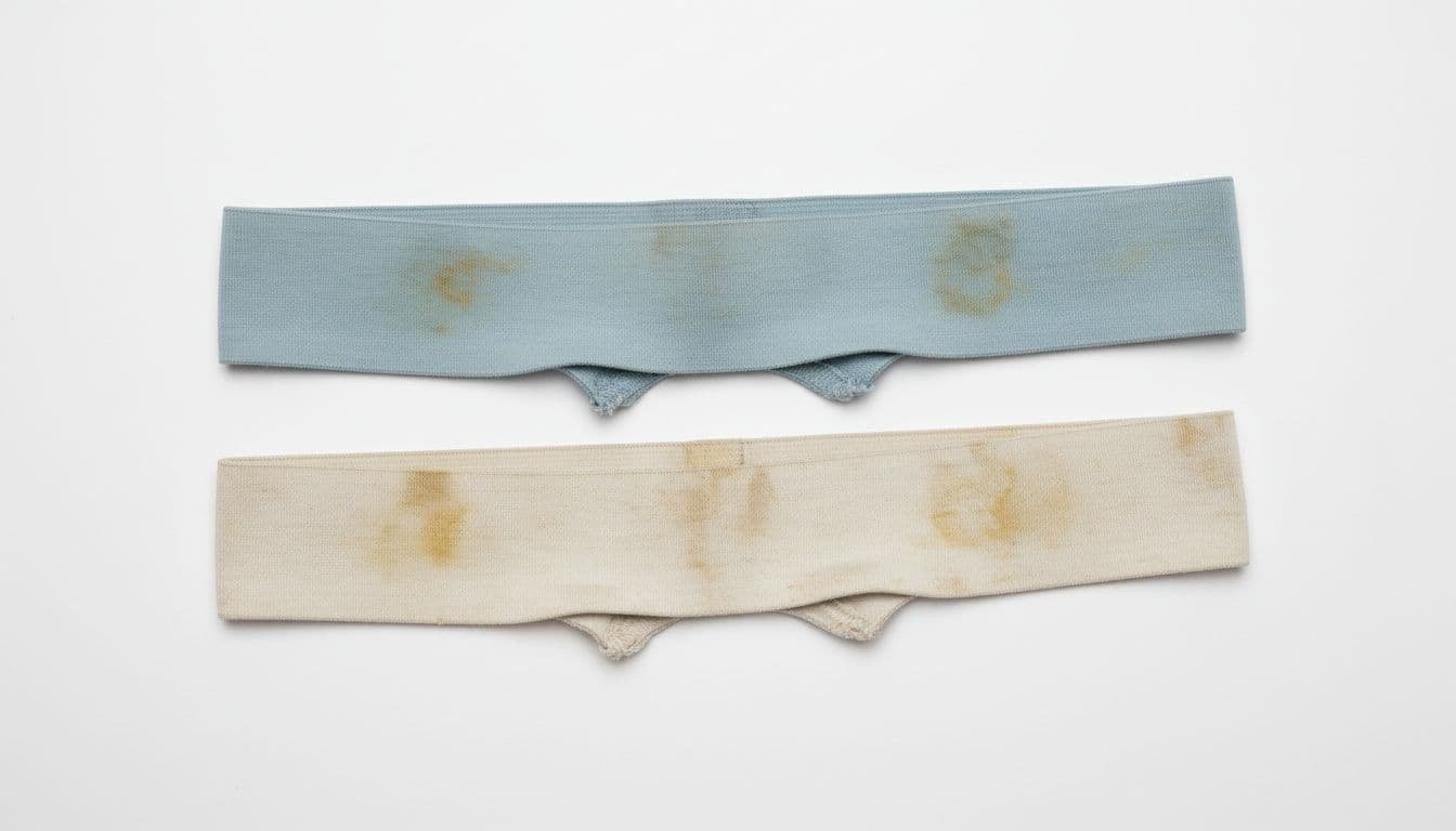 Close-up of two worn-out underwear pieces showing thinned elastic bands, fabric thinning, permanent stains, and color fading on a plain white background with soft even lighting.