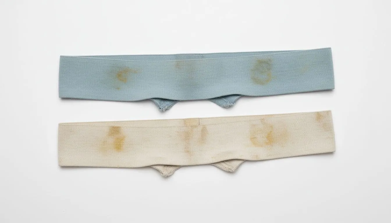 Close-up of two worn-out underwear pieces showing thinned elastic bands, fabric thinning, permanent stains, and color fading on a plain white background with soft even lighting.