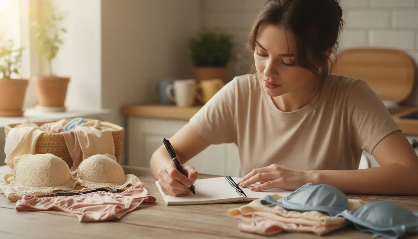 A young Turkish woman in her 20s sits at a wooden kitchen table, writing a shopping list in a notebook with pen in hand, surrounded by neatly folded bras and panties, in a cozy home with soft natural light.