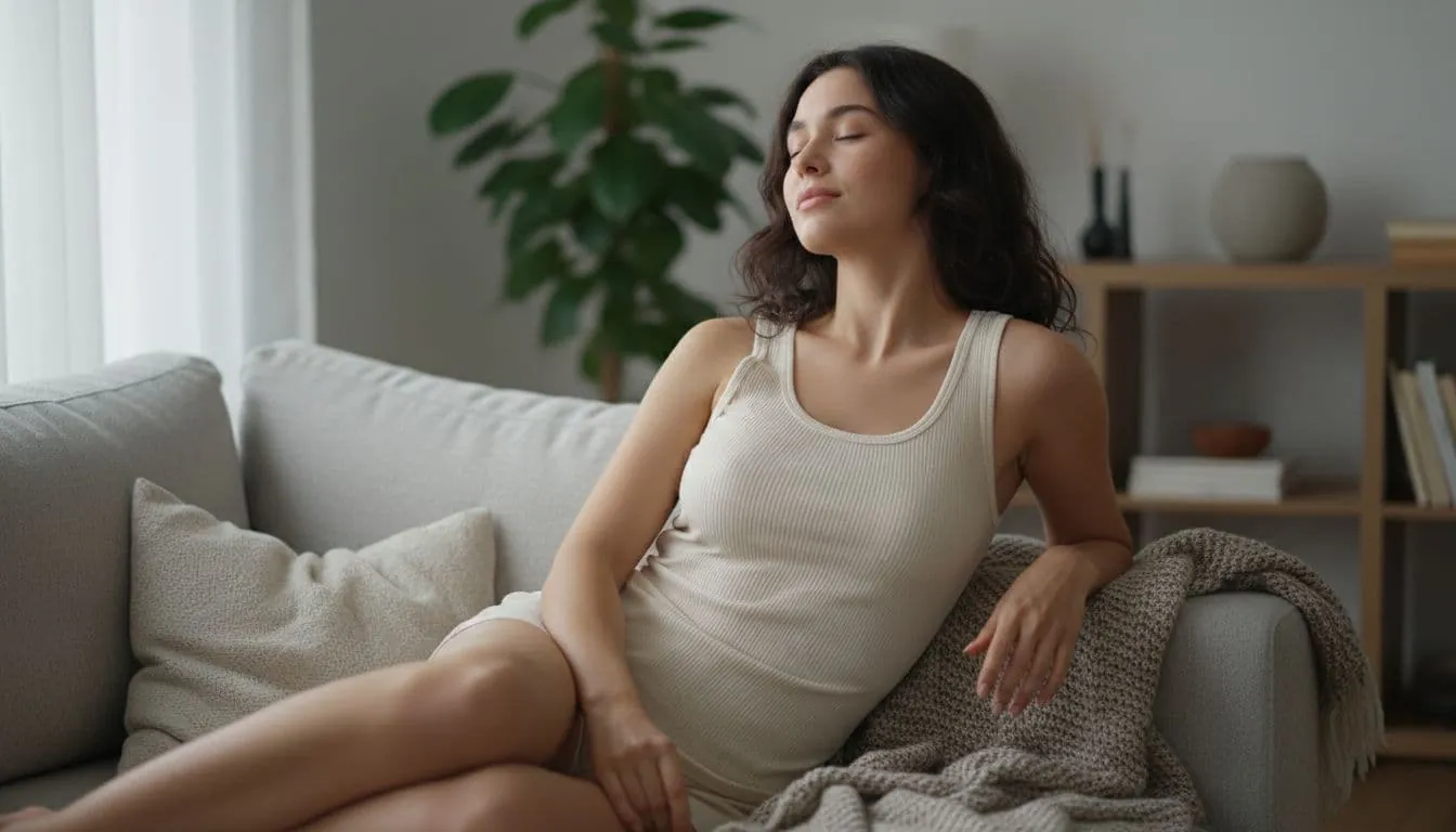 A young woman wearing a soft ribbed tank top sits comfortably on a sofa at home, with natural indoor lighting and realistic photo style capturing full <a href=