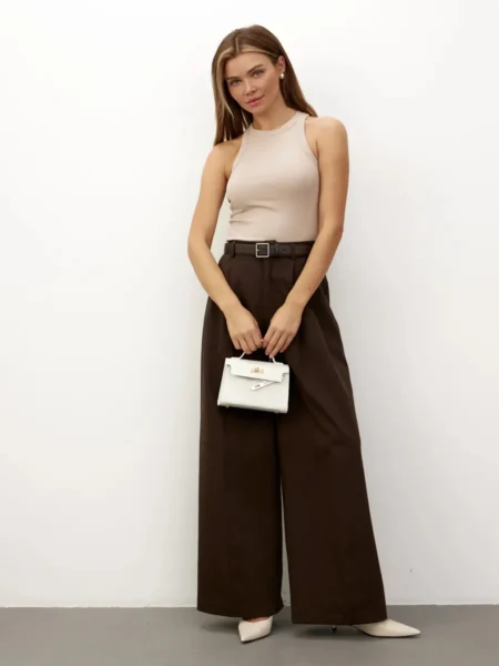 Lirona Pamuk Fitilli Kaşkorse Halter Yaka Geniş Biyeli Örme Atlet Crop - Taş