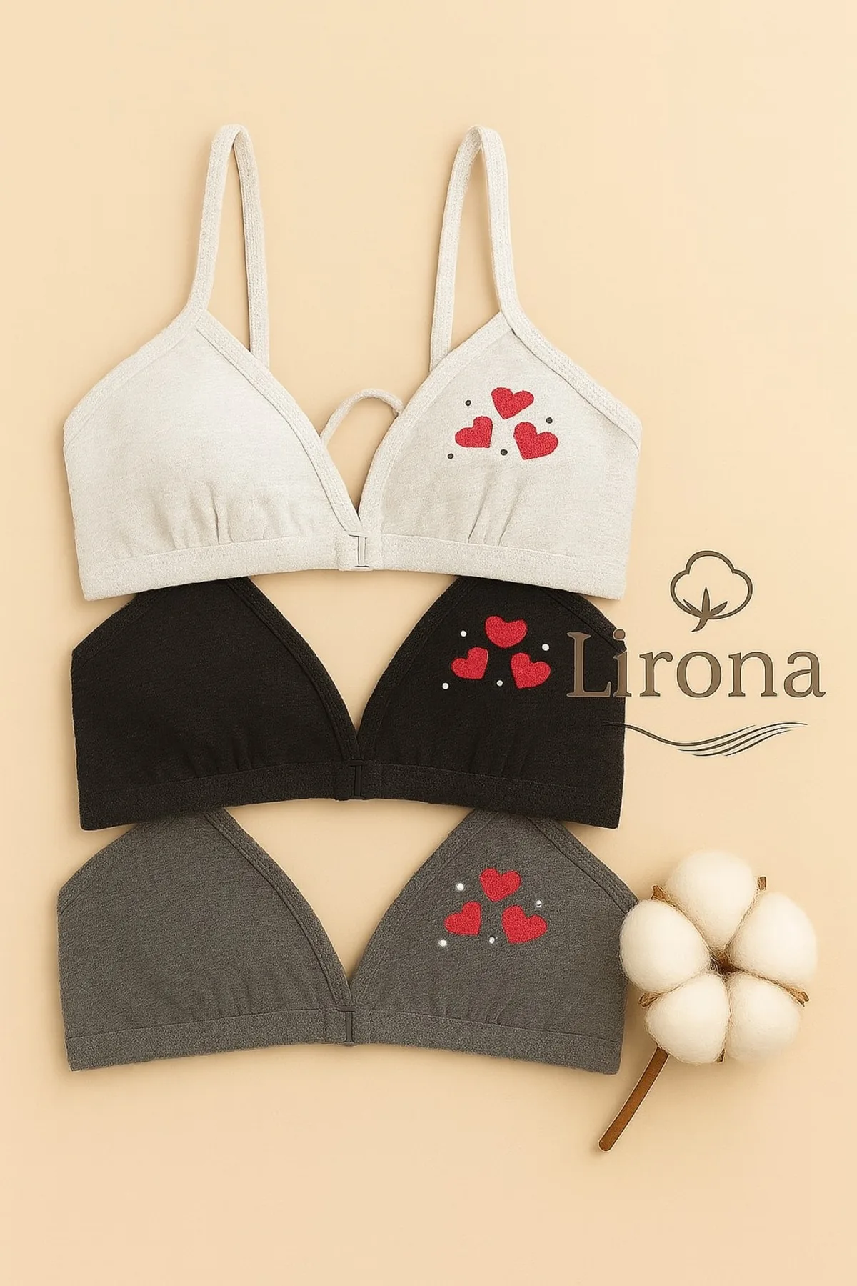 Lirona 3'lü Paket Kız Çocuk Pamuklu Taşlı Alıştırma Sütyeni - Karışık