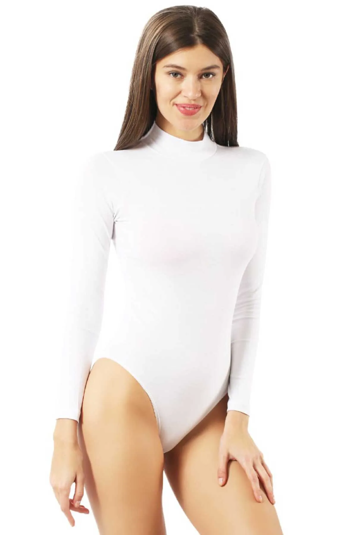 Lirona Pamuklu Vücudu Saran Balıkçı Yaka Dik Yaka Body Çıtçıtlı Body - Beyaz - Görsel 6