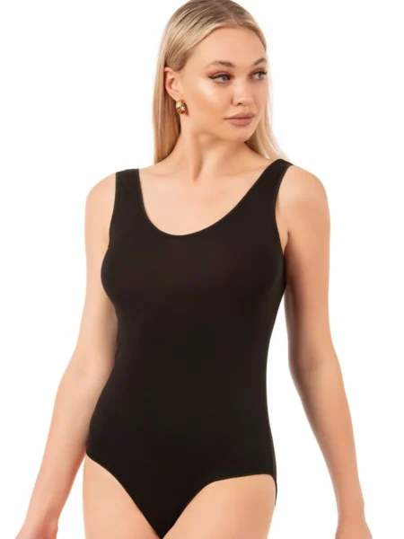 Lirona Modal Kumaş Ön Arka Havuz Yaka Çıtçıtlı Örme Body - Siyah