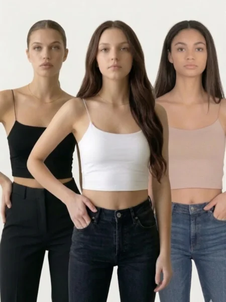 Lirona Tencel Modal İnce Askılı Crop Top Atlet 3'lü Paket - Siyah-Bej-Beyaz
