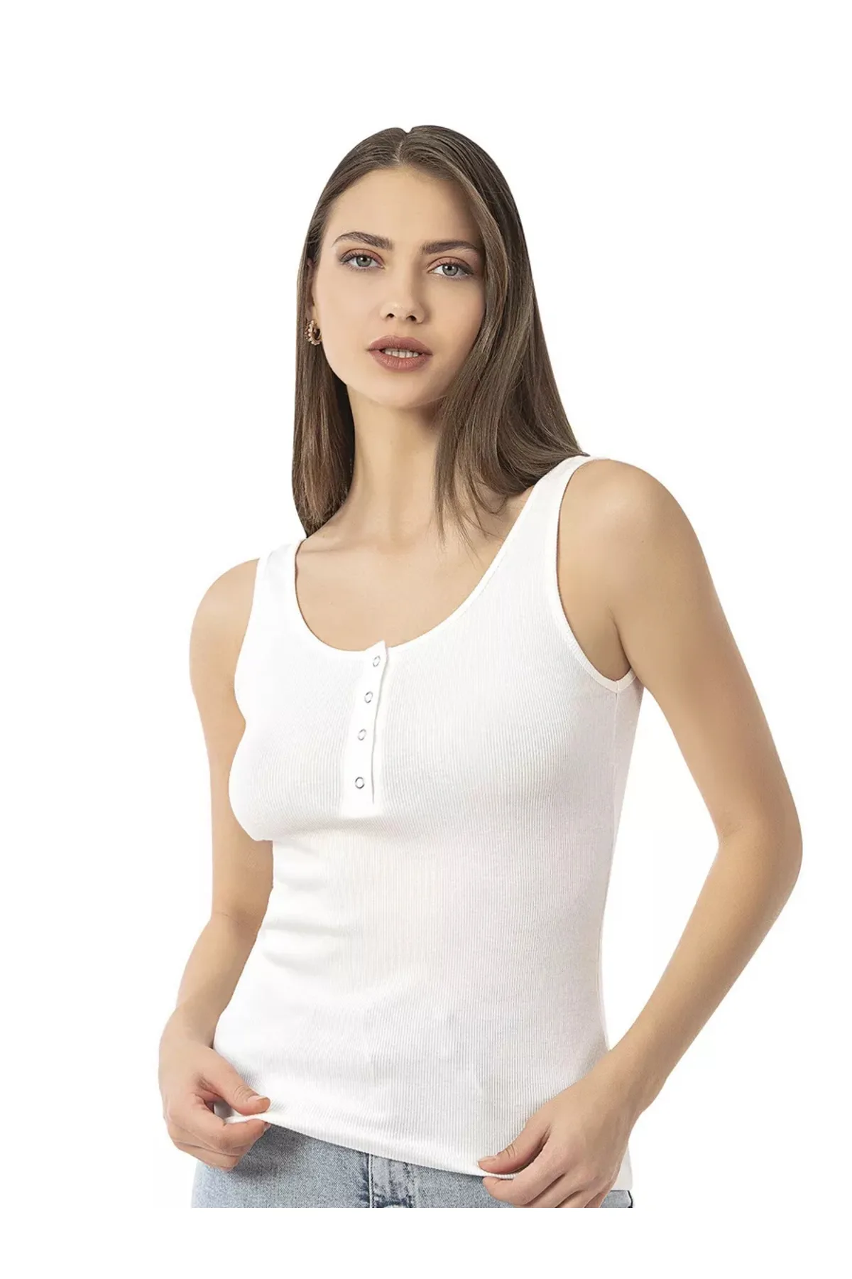 Lirona Kadın Pamuk Kaşkorse Fitilli Önü Patlı Kalın Askılı Örme Atlet Crop - Ekru - Kırık Beyaz - Görsel 3