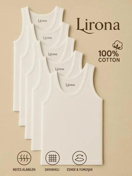 Lirona %100 Pamuk 5'Li Erkek Çocuk Ribana Atlet - Beyaz