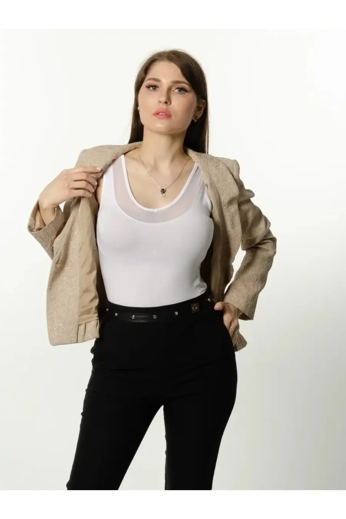 Lirona Penye Pamuk Tül Detaylı Havuz Yaka Atlet & Body - Beyaz - Görsel 7