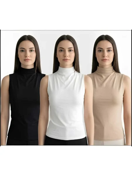 Lirona Modal Kolsuz Yarı Balıkçı Yaka Bluz 3'lü Paket - Bej-Siyah-Beyaz
