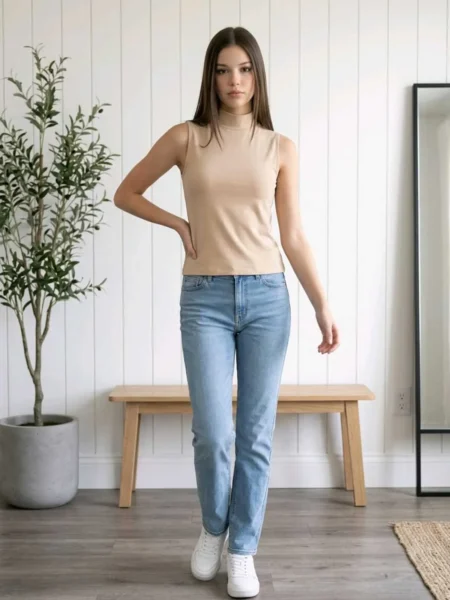 Lirona Modal Kolsuz Yarı Balıkçı Yaka Kadın Bluz 3'lü Paket - Bej