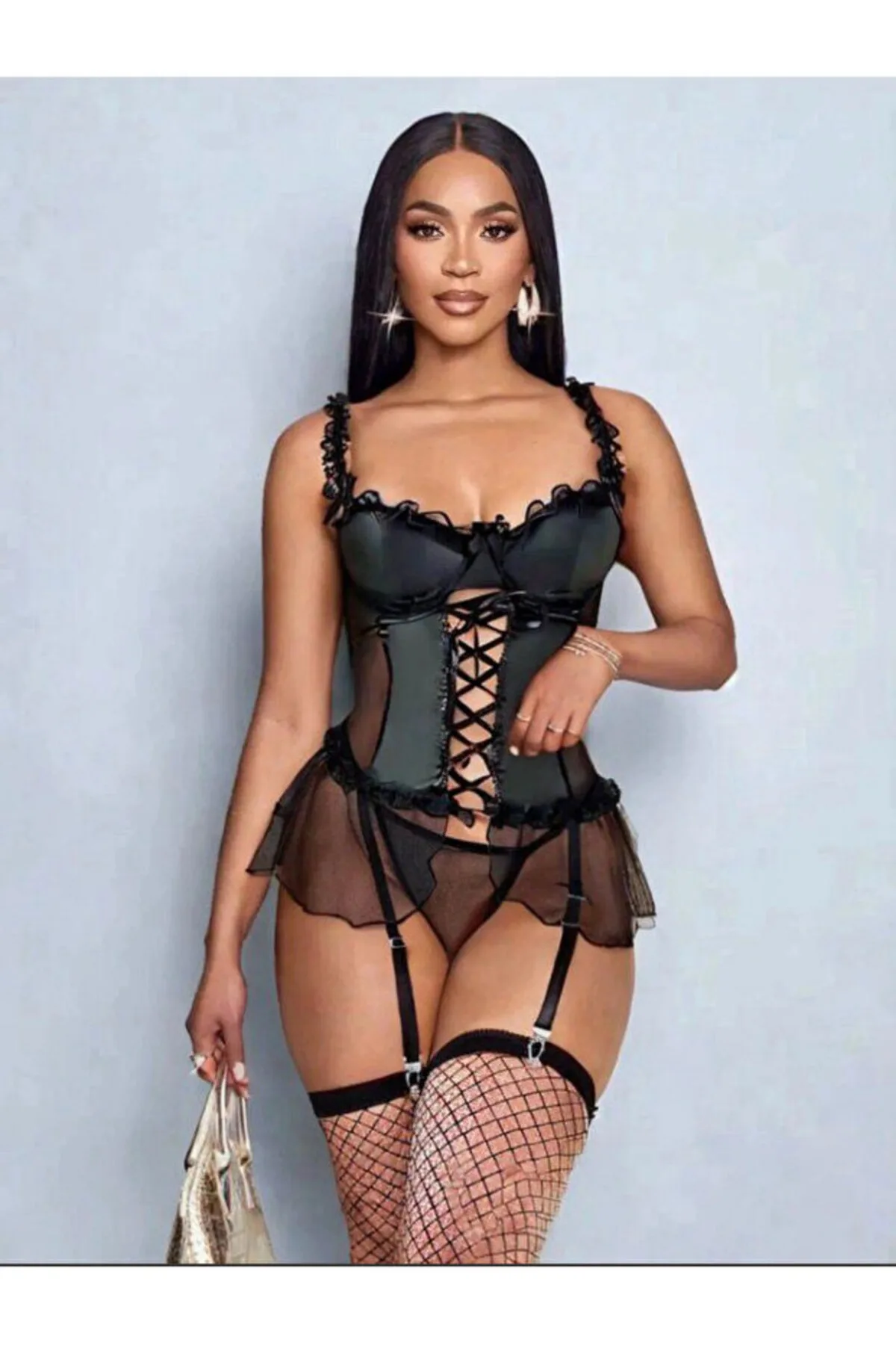 Lirona Kadın Deri Fantazi Jartiyer Takımı 3’lü Set – Seksi İç Giyim, Tanga + Çorap Dahil, Gizli Paket - Siyah - Görsel 3